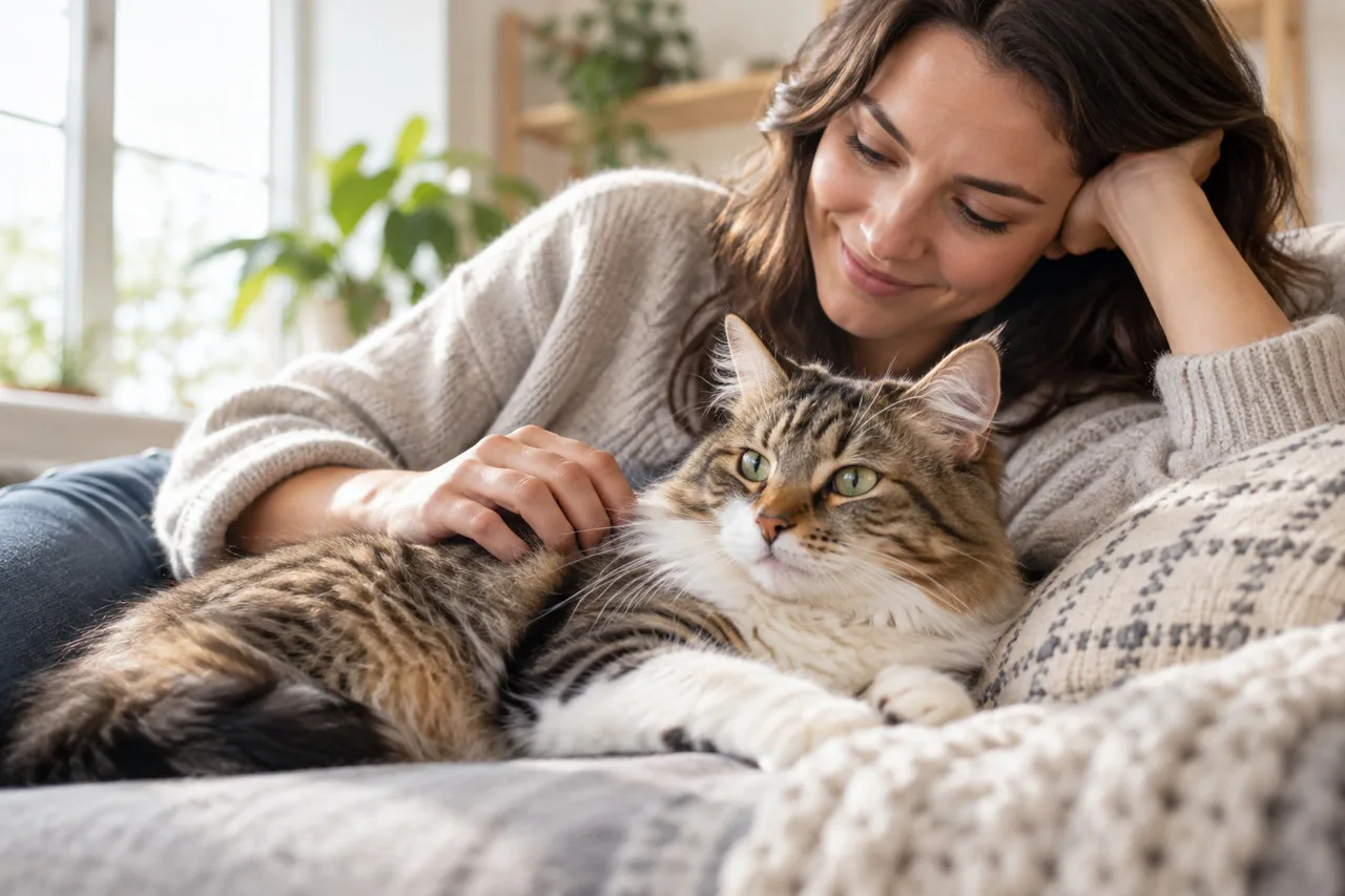 Owner relaxing beside a cat at home
