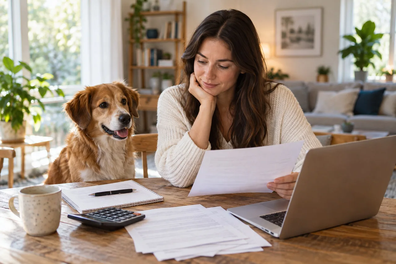 Owner reviewing papers beside a dog and laptop
